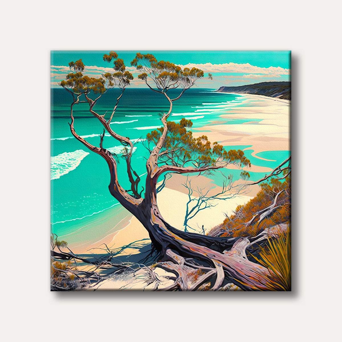 A stylized painting of a gnarled tree on a sandy dune overlooking a vibrant turquoise ocean and white-capped waves under a bright sky, conveying a serene coastal mood.