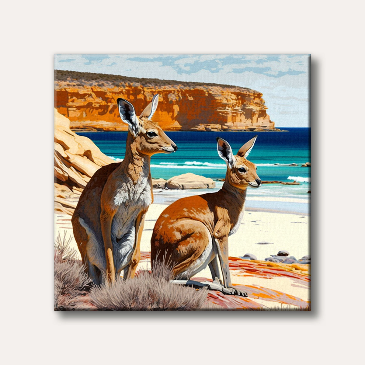 A realistic painting depicting two kangaroos sitting on a sandy Australian beach with vibrant blue ocean waters and towering orange cliffs in the background.