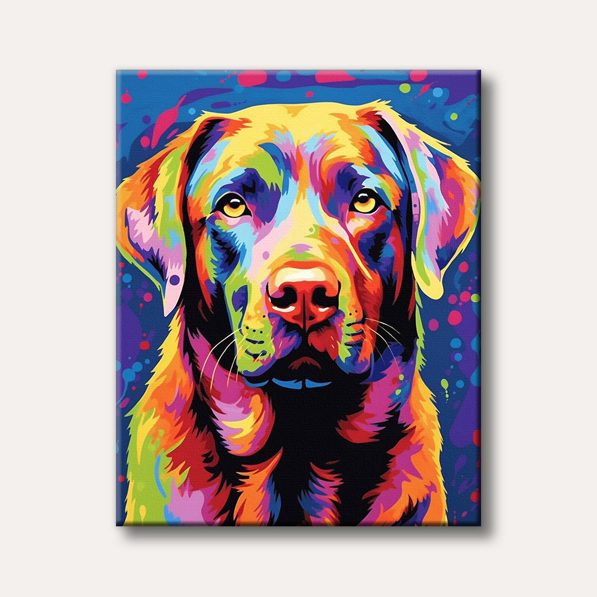 A close-up, vibrant pop art painting of a Labrador dog's face, rendered in a kaleidoscope of bright, bold colours against a dynamic, abstract background.
