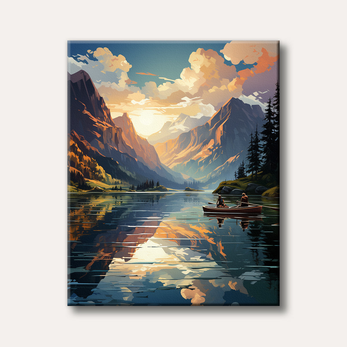 A tranquil painting depicting a vast mountain lake reflecting a vibrant sunset sky, with two people calmly rowing a boat in a stylized art style.