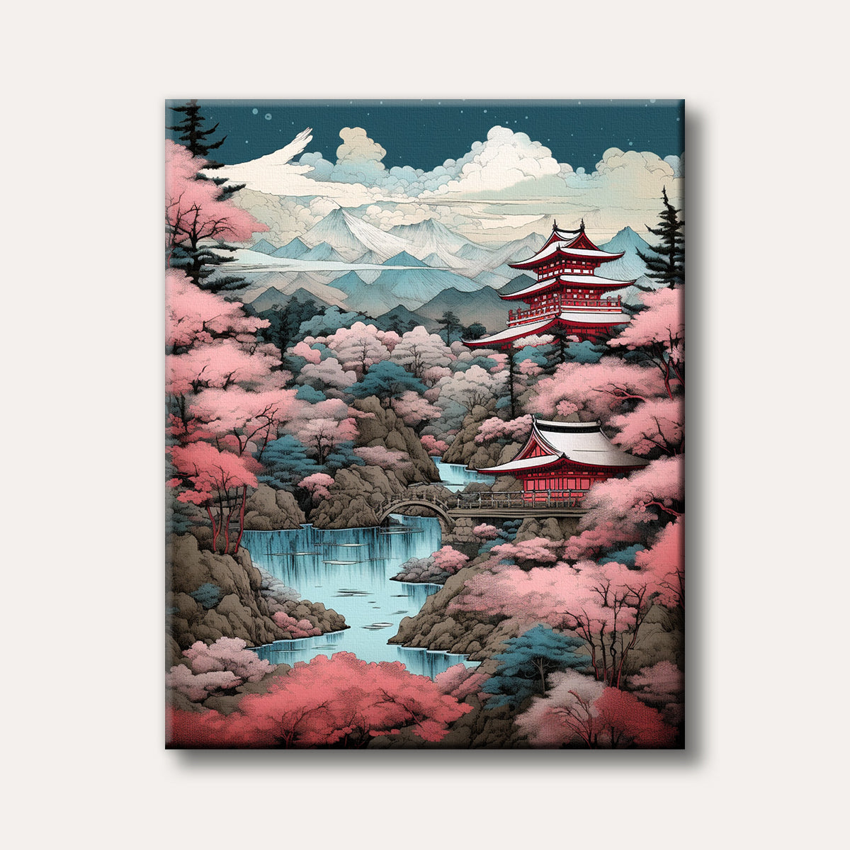 A vibrant illustration of traditional Japanese temples nestled among lush pink cherry blossoms and a tranquil river, with snow-capped mountains in the background, rendered in a detailed, illustrative style.