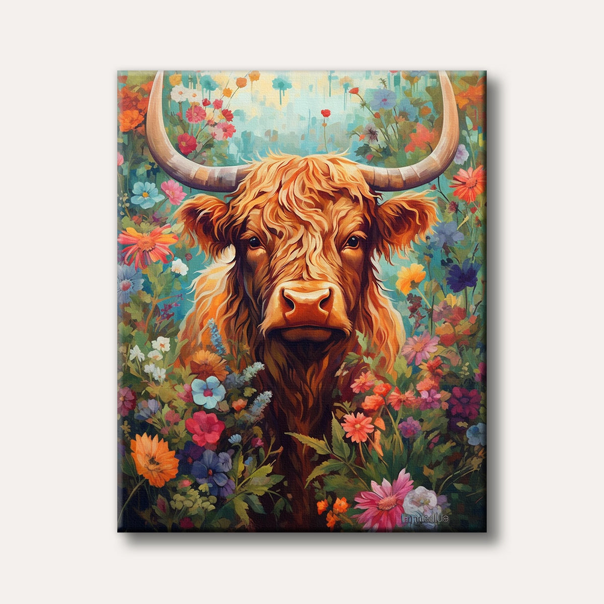 A vibrant illustration of a shaggy Highland cow with large horns, peeking through a dense field of brightly coloured wildflowers.