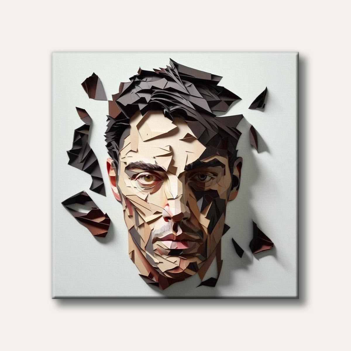 A striking modern abstract portrait of a man's face, composed of angular, fragmented geometric shapes in shades of brown, beige, and dark gray, against a light background.