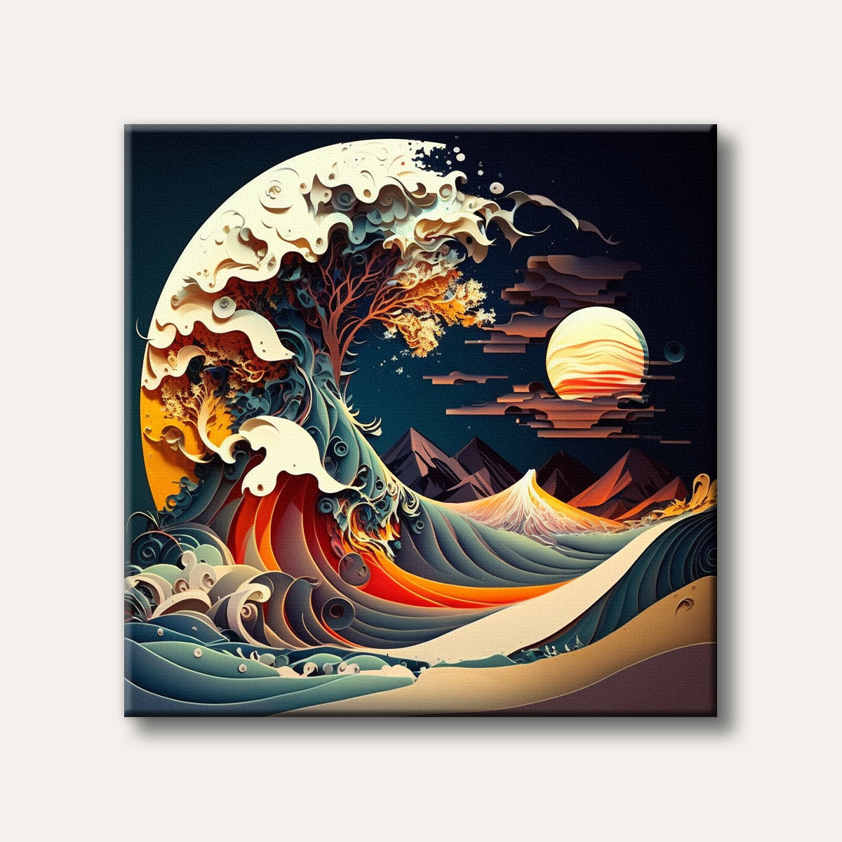 A mesmerizing abstract digital painting featuring a colossal wave with intricate, flowing patterns, a blossoming tree within its peak, towering mountains, and a glowing moon in a dark sky, rendered in warm and cool tones.