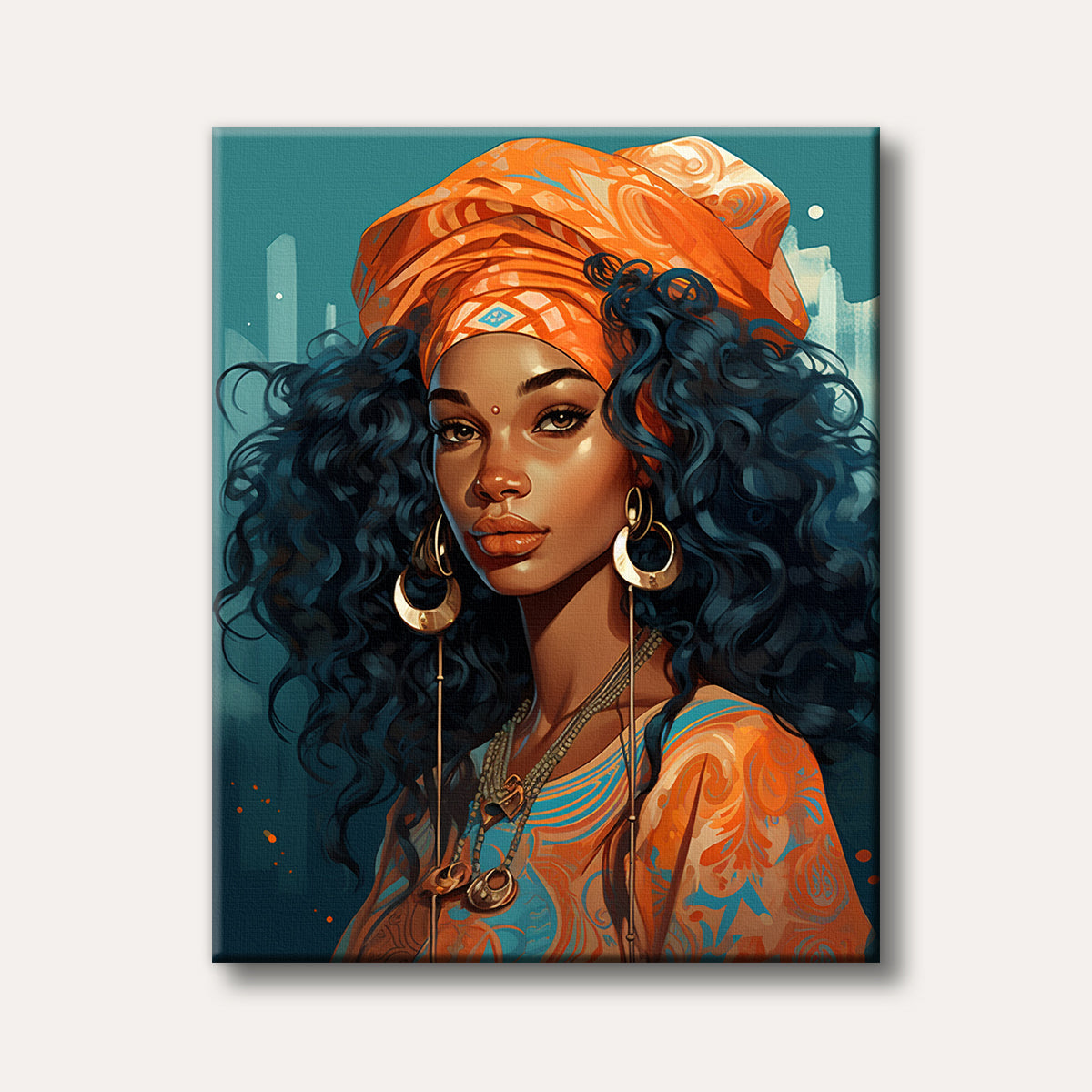 A vibrant and stylized portrait of a woman with dark skin, an orange patterned headwrap, flowing dark curly hair, and large golden earrings, set against a teal and blue background.