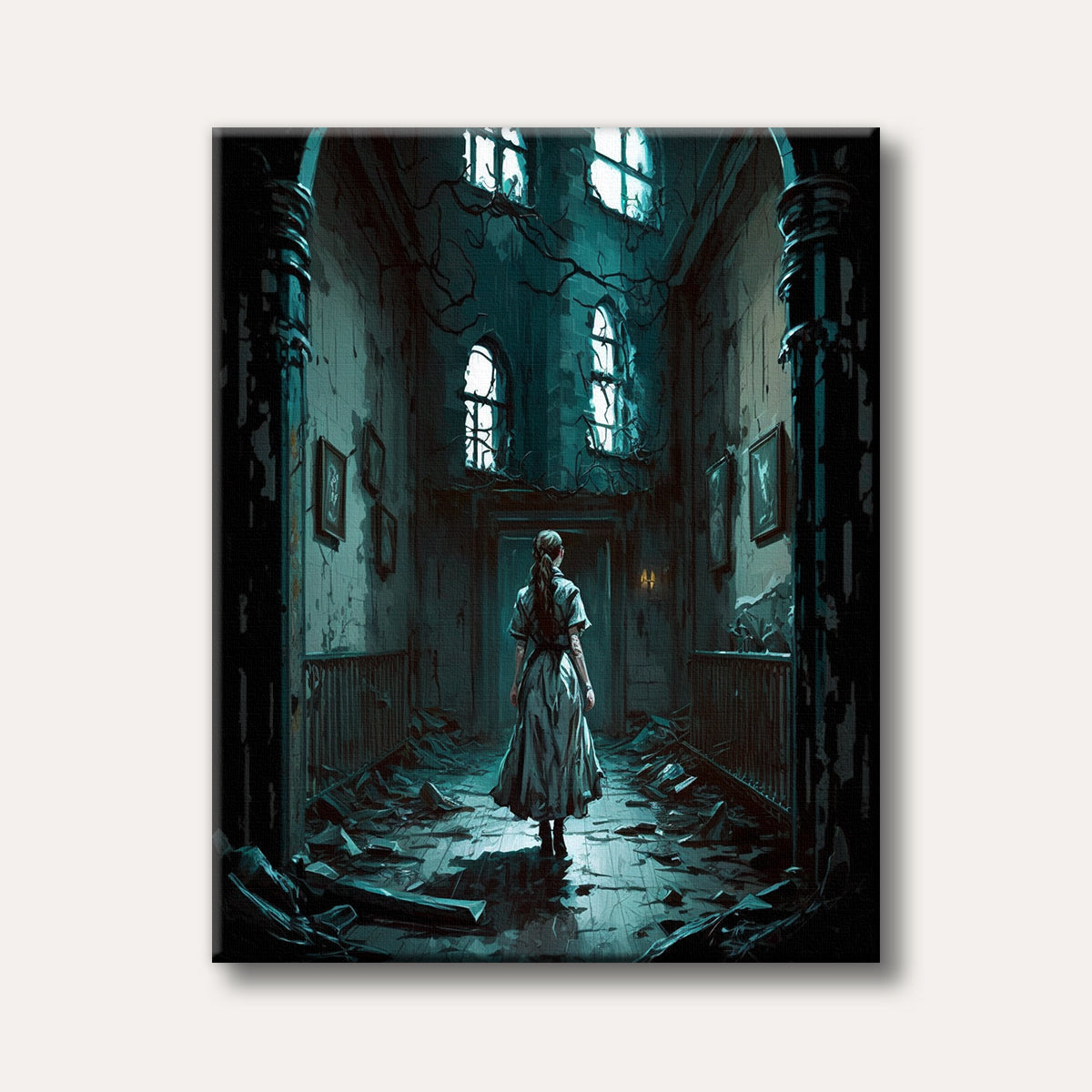 A lone woman in a long dress walks away through a dark, decaying gothic hallway with broken windows and debris, painted in a realistic, haunting style with a teal and blue-green colour palette.