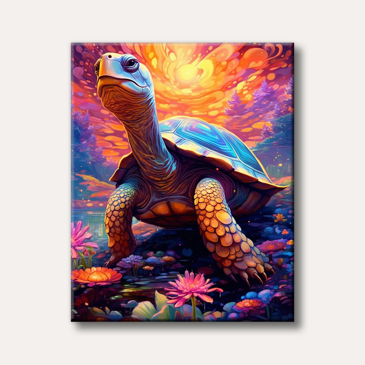 A vibrant, large turtle with a blue shell stands amidst glowing pink and orange flowers, set against an orange and purple sky, depicted in a surreal, dreamlike style.
