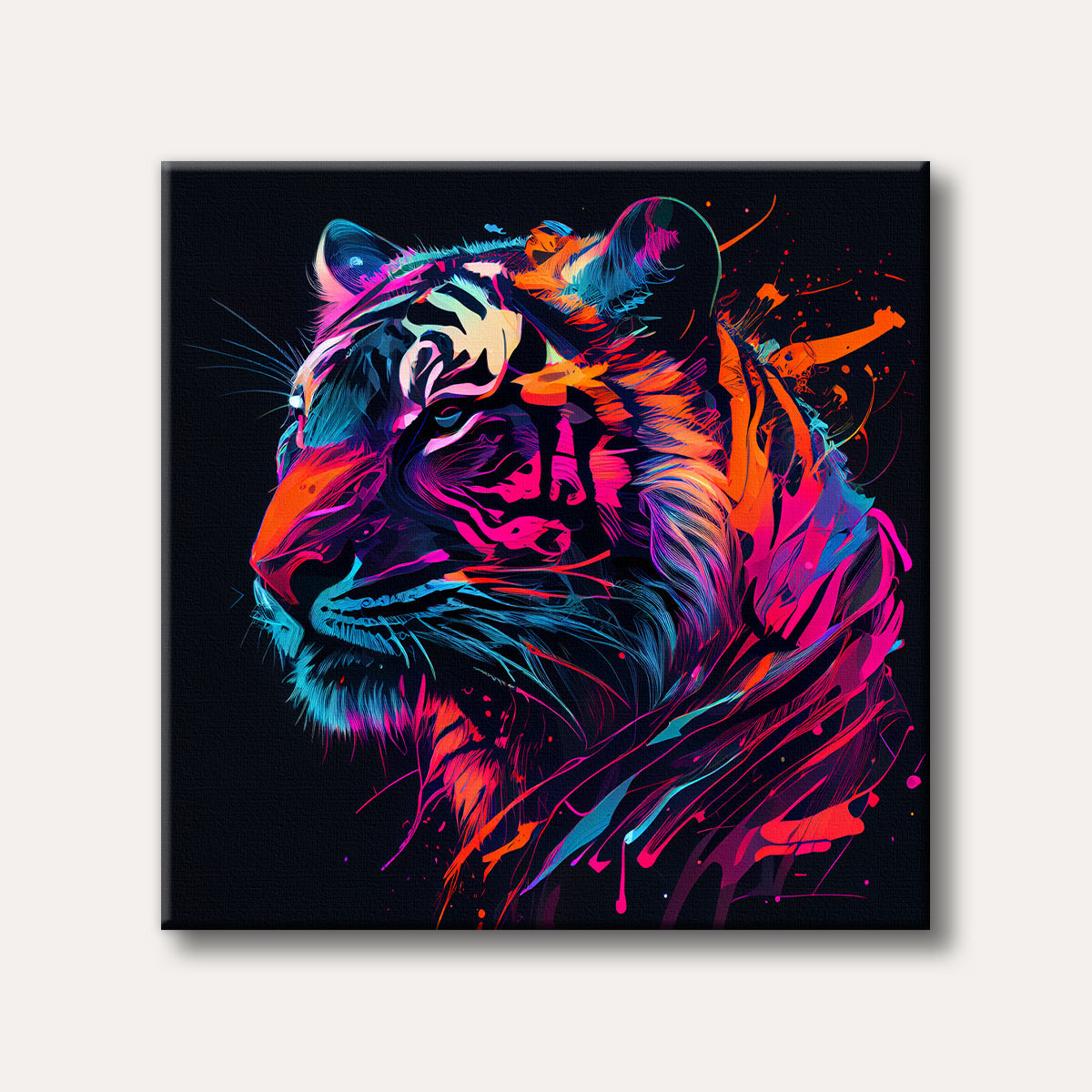 A vivid abstract painting of a tiger's head in profile, featuring bright neon pink, orange, and blue colours with dynamic brushstrokes against a dark background.