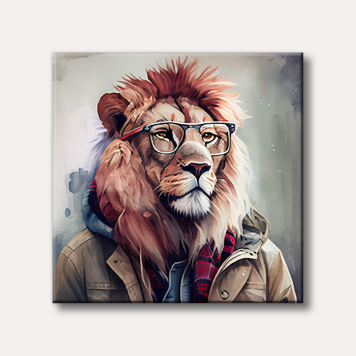 A stylish watercolour portrait of a lion wearing modern eyeglasses and a jacket, rendered with warm brown and grey tones.