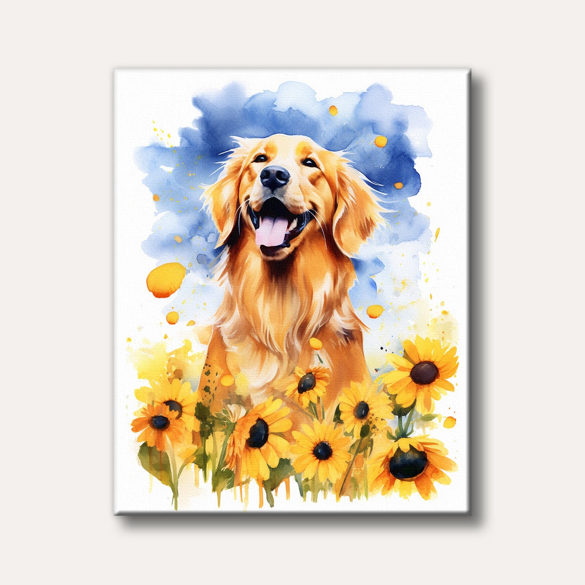 A joyful Golden Retriever dog with a big smile, surrounded by vibrant yellow sunflowers and blue watercolour splashes, painted in a bright and expressive watercolour style.