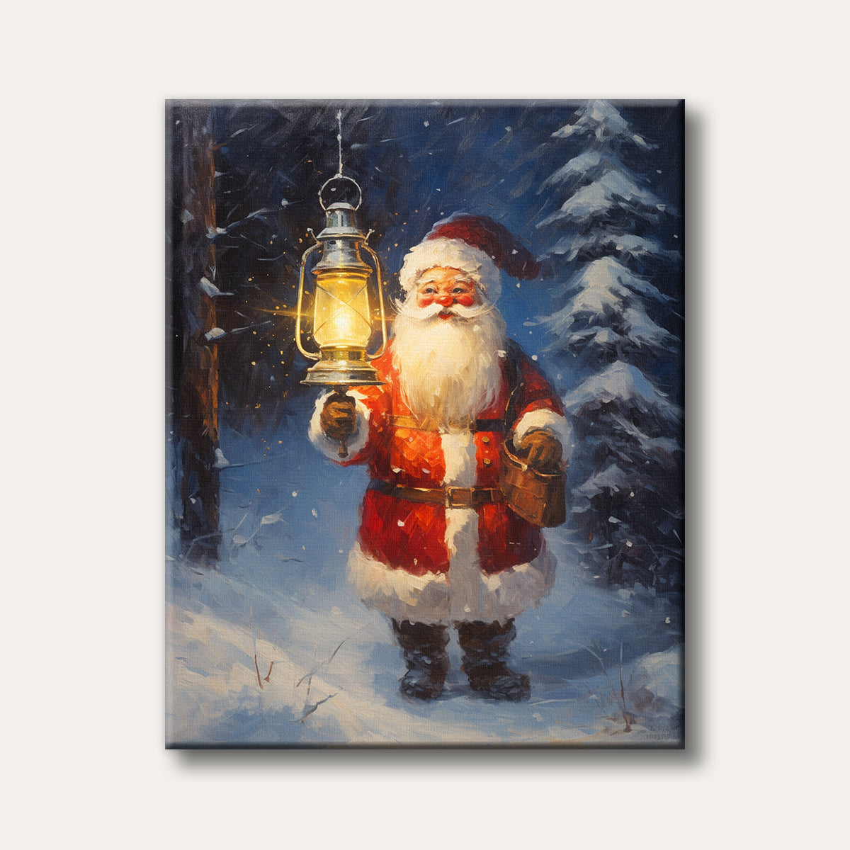 A traditional style painting depicts Santa Claus in his red suit, holding a bright, glowing lantern while walking through a serene, snowy winter forest at night, evoking a warm and magical Christmas mood.