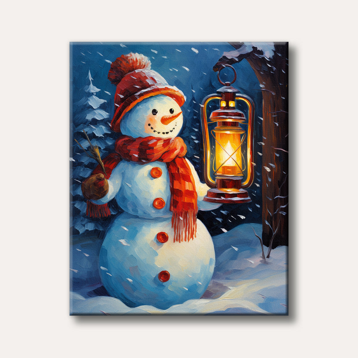 A charming painting of a snowman wearing a red hat and scarf, holding a warm glowing lantern in a snowy winter night scene, rendered in a whimsical, illustrative style.