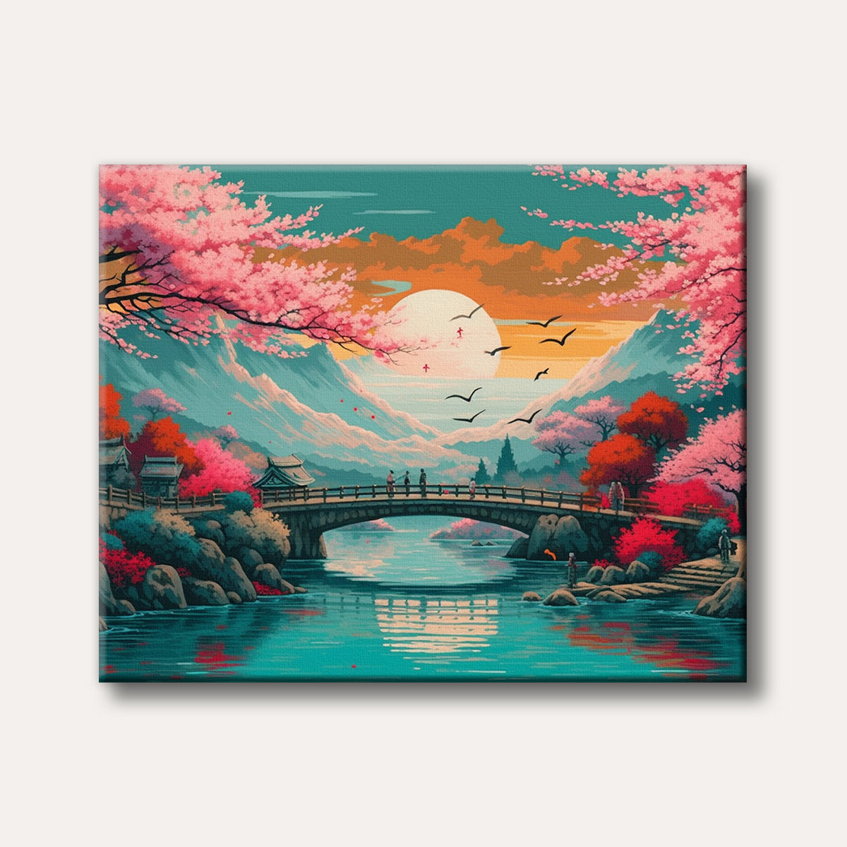 A vibrant digital painting of a Japanese landscape at sunset, featuring pink cherry blossom trees, a traditional bridge over a river, and distant mountains, conveying a serene and picturesque mood.