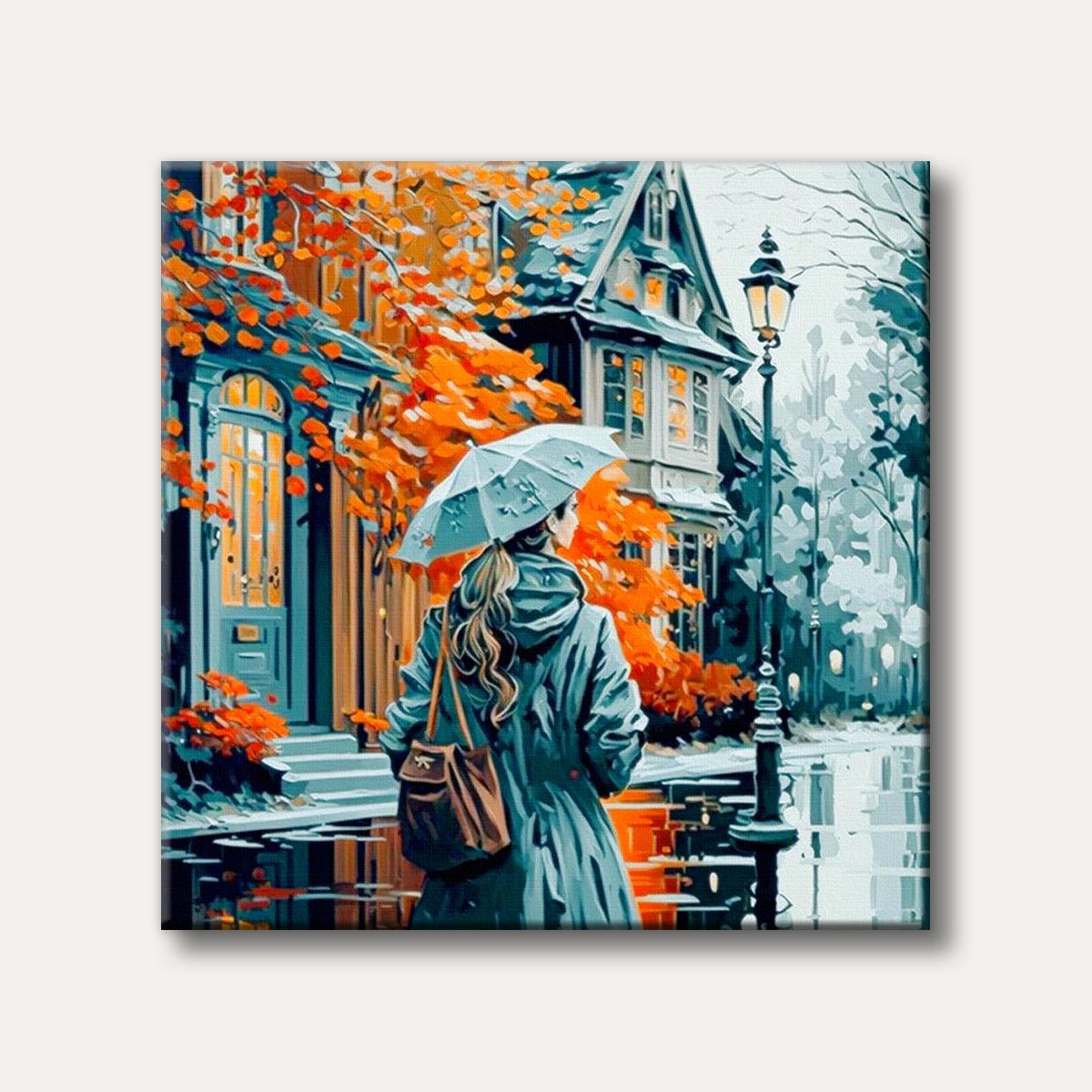 A person holding an umbrella walks on a wet street lined with buildings and vibrant orange autumn trees, depicted in a painterly, atmospheric style.