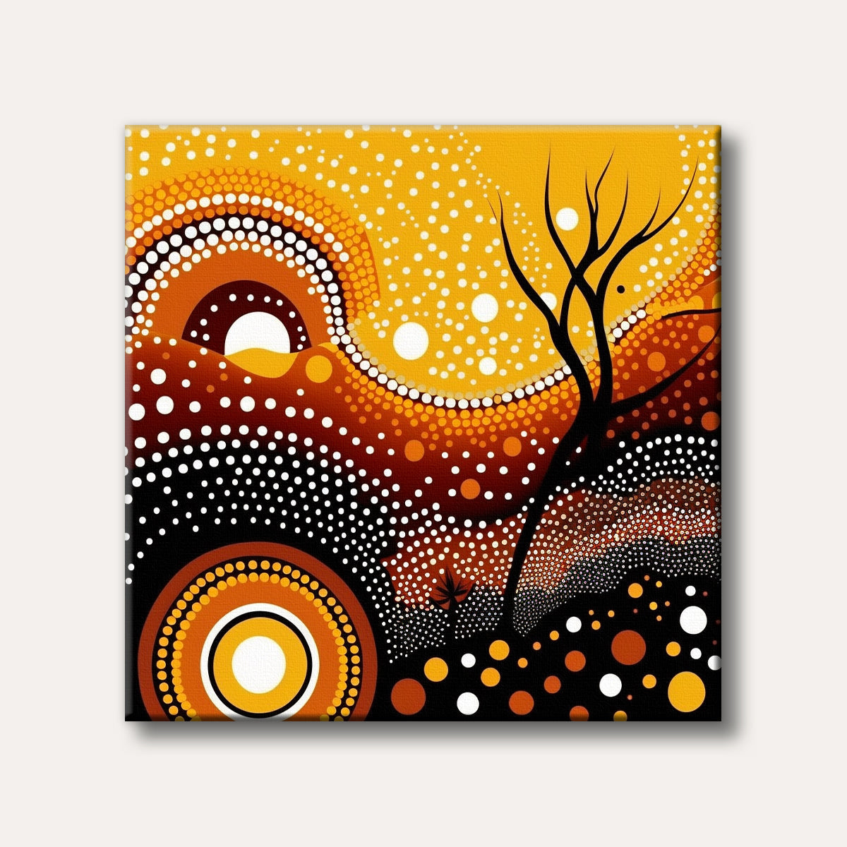 An abstract digital painting in the style of Aboriginal dot art, featuring a silhouetted tree, sun, and rolling hills composed of intricate dot patterns in shades of orange, yellow, brown, and black.