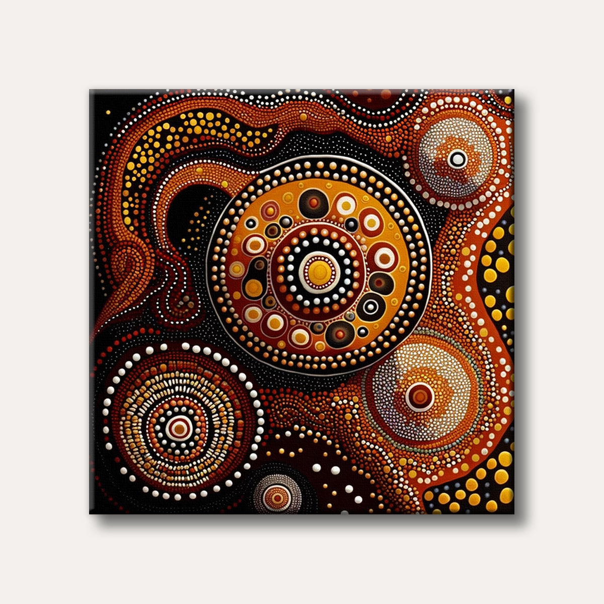 An abstract painting featuring intricate dot patterns in warm earthy tones of orange, yellow, and brown, creating a mesmerizing and cultural design.