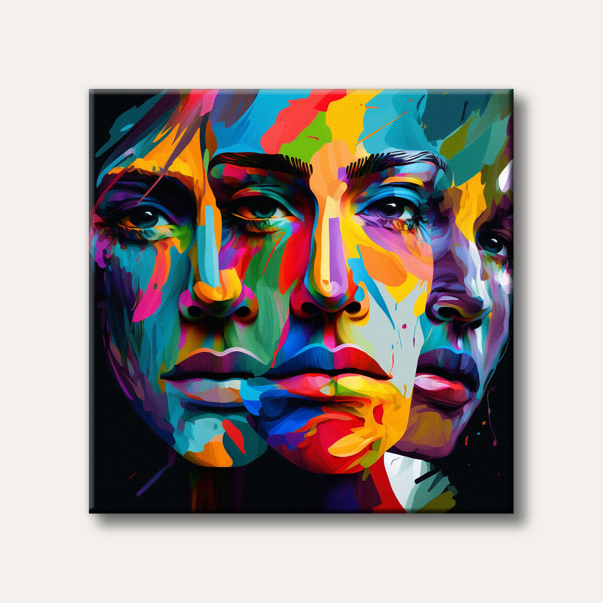 A vibrant and expressive pop art painting depicting several overlapping human faces covered in abstract, multicoloured paint splatters against a dark background.