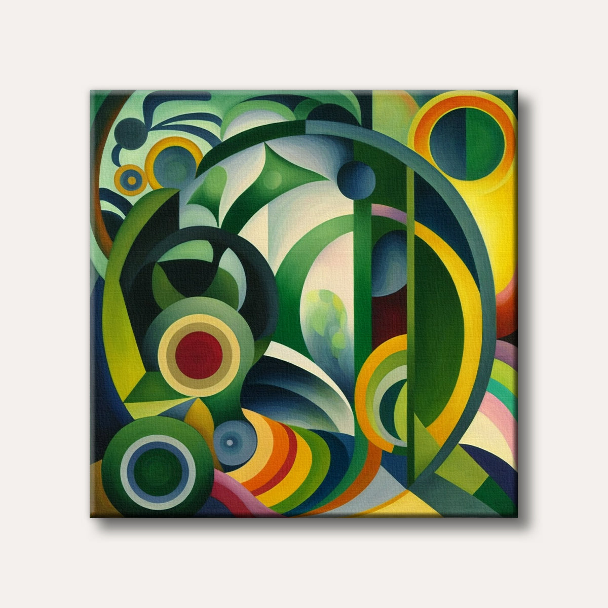 An abstract painting featuring interlocking geometric shapes and flowing curves in a vibrant, modern style, dominated by greens, blues, and yellows.