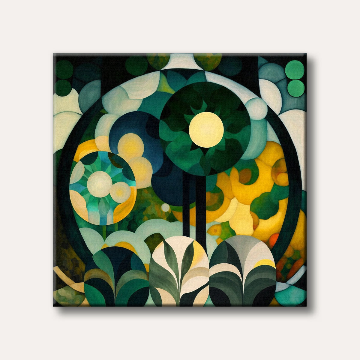 An abstract painting featuring interlocking circular and organic shapes in vibrant greens, yellows, and teals, evoking a sense of natural harmony.