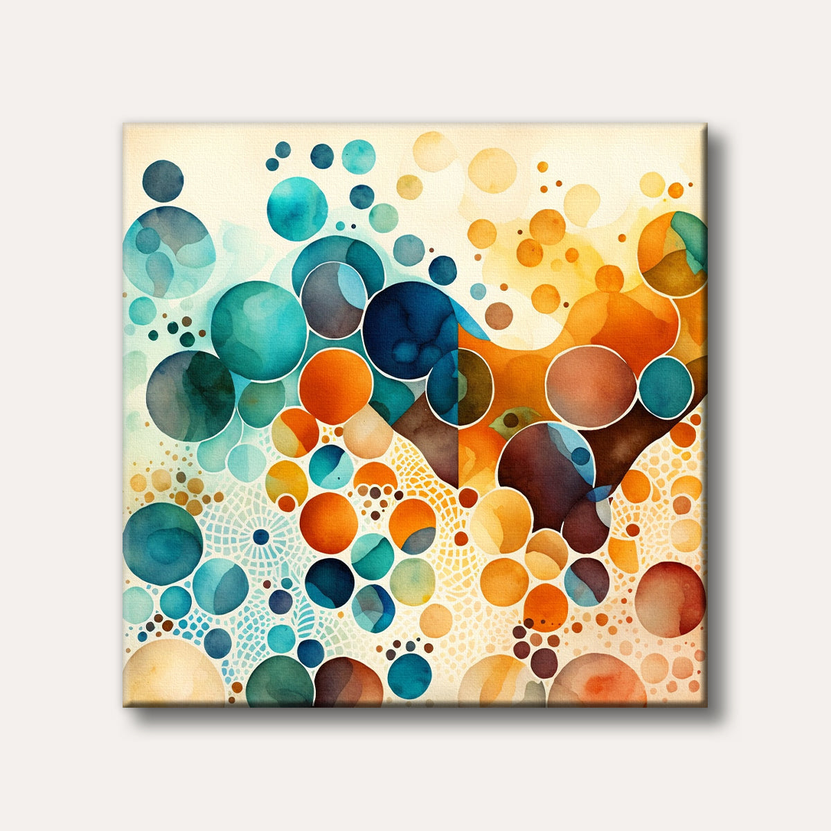 An abstract watercolour painting featuring a cheerful arrangement of blue, teal, orange, and brown circles and dots with subtle geometric patterns.