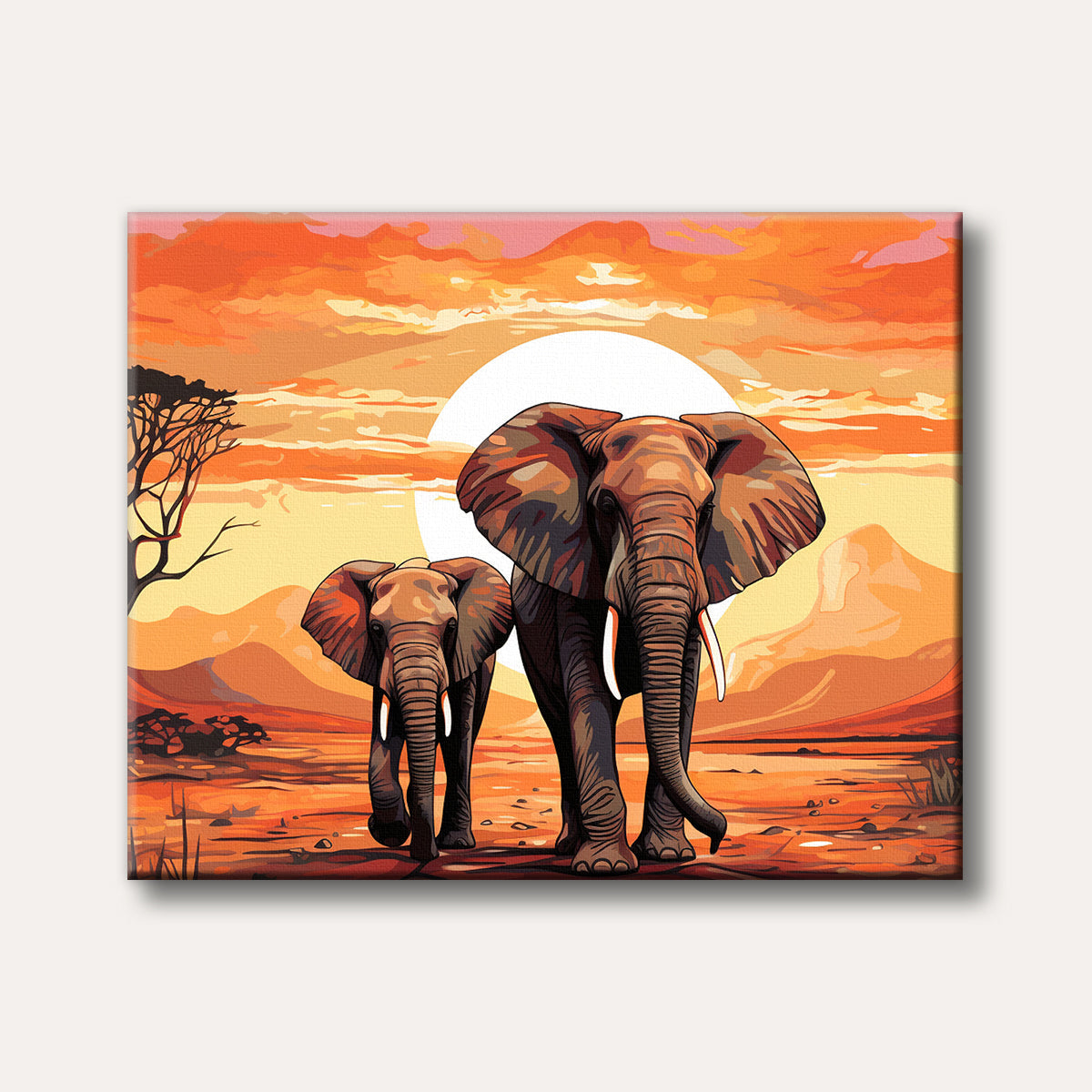 A striking digital illustration features two elephants walking across an African savanna at sunset, rendered with bold lines and warm orange and yellow colours.