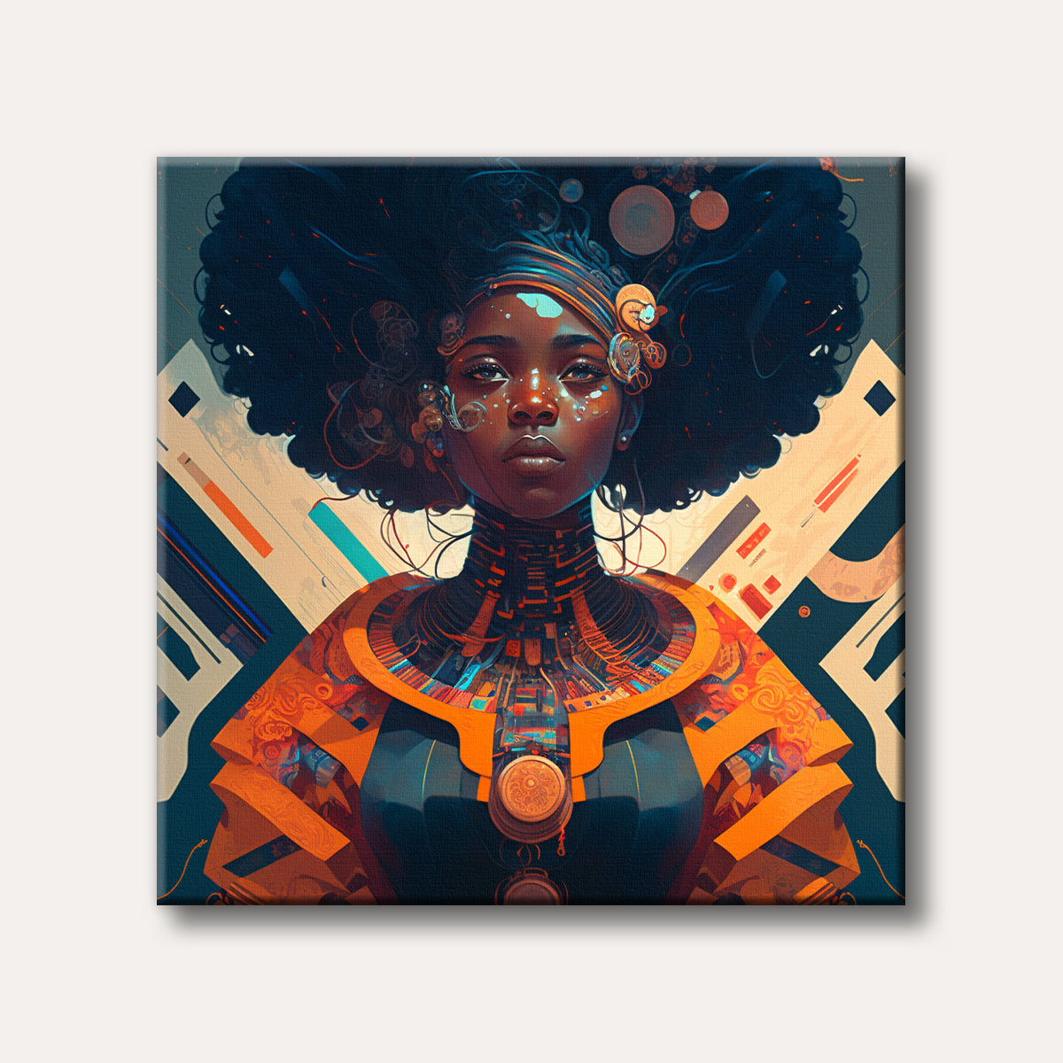A vibrant Afrofuturist portrait of a woman with an elaborate dark afro and intricate orange and blue cybernetic patterns on her clothing, set against a geometric, abstract background in a powerful, futuristic style.