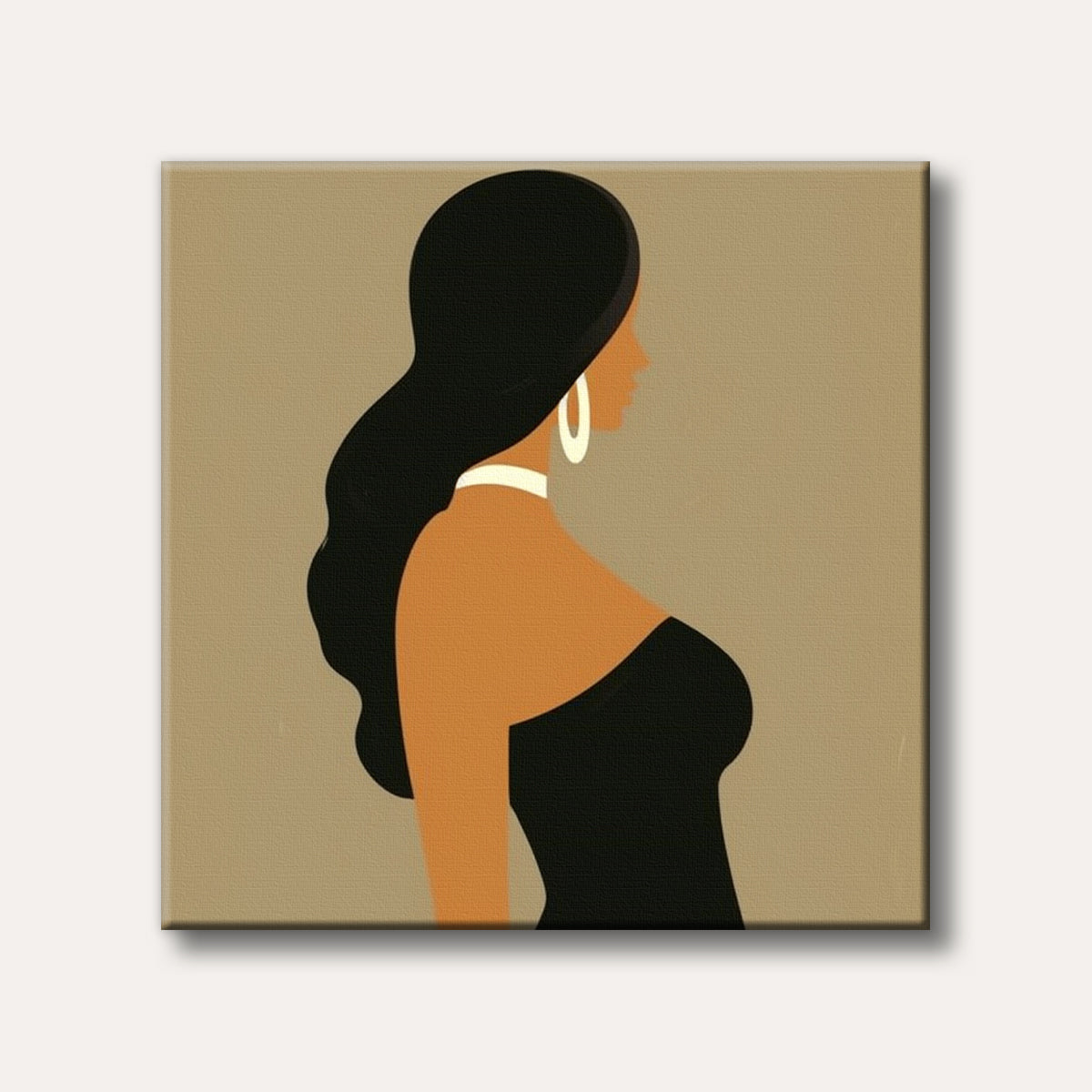 A modern minimalist portrait of a woman's profile, featuring dark hair, brown skin, a black strapless top, white choker, and hoop earrings against a beige background, rendered in flat colours.