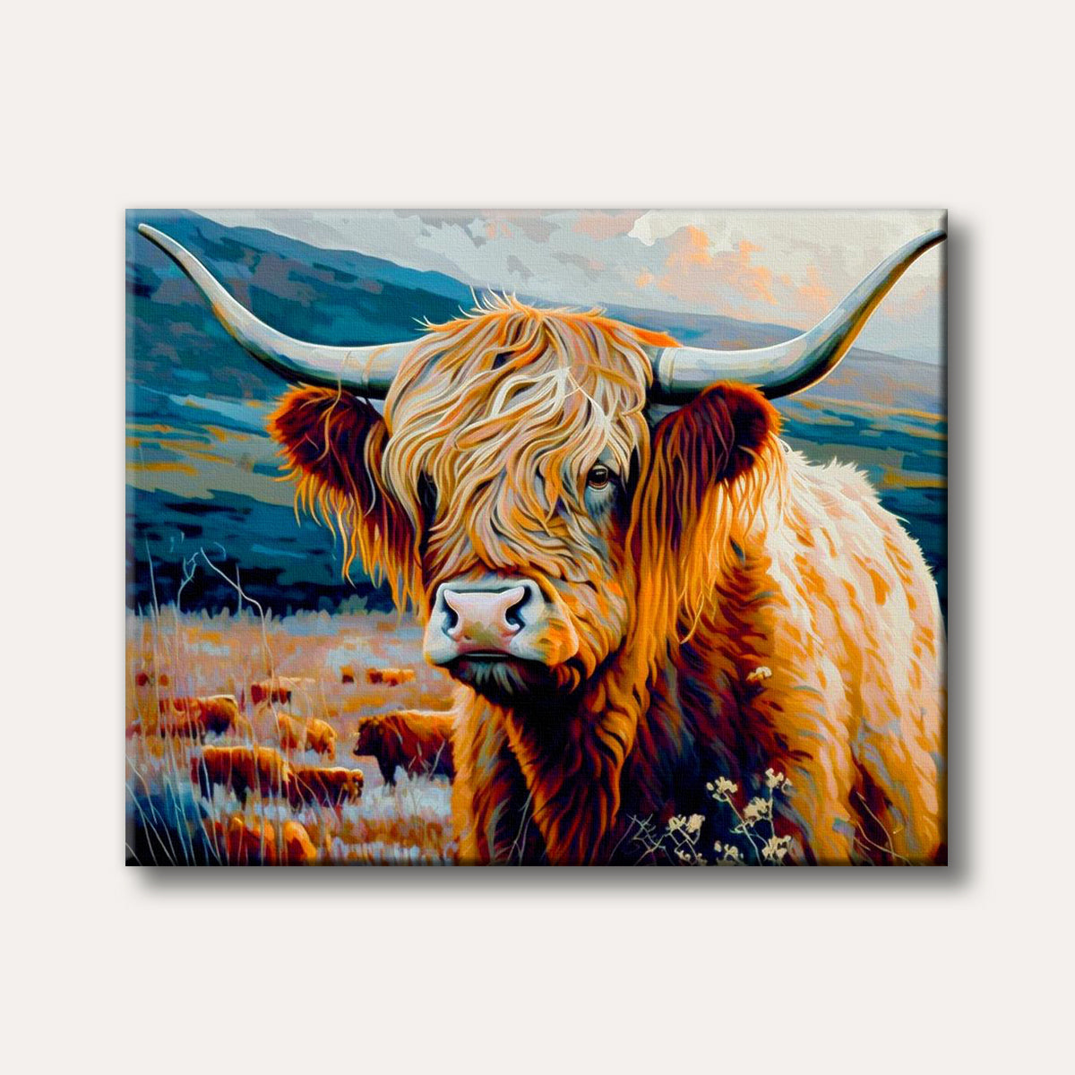 A vibrant, expressive painting depicting a shaggy orange Highland cow with large horns looking forward in a field with blue mountains and a warm, colourful sky.