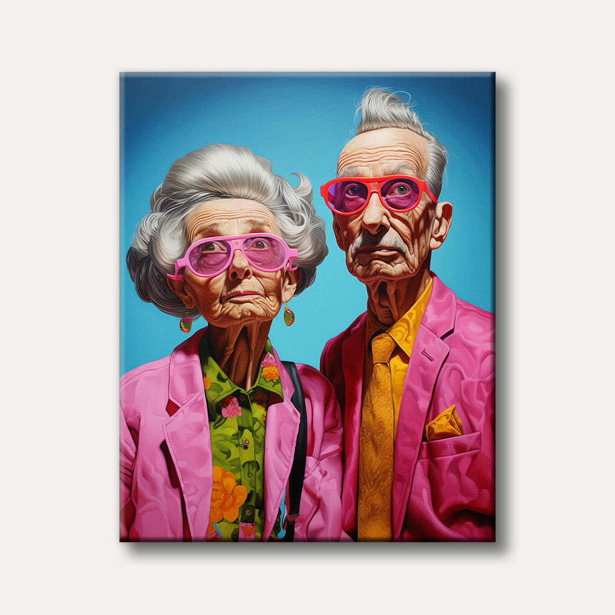 A vibrant pop art portrait features an elderly couple with exaggerated facial features, wearing bright pink outfits and pink and red sunglasses against a solid blue background.