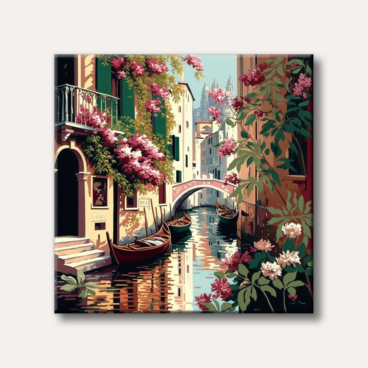 A vibrant painting of a Venice canal, showcasing historic buildings draped in pink bougainvillea, a small arch bridge, and classic gondolas on reflective water, rendered in a charming, illustrative style.