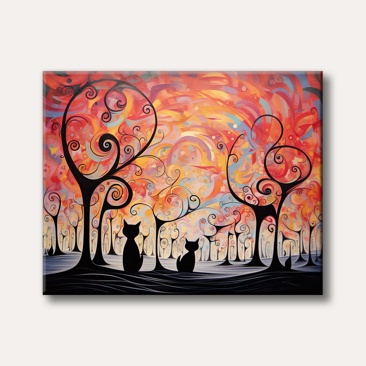 Two black cat silhouettes sit in a whimsical forest with stylized, swirling trees against a vibrant, abstract sunset sky, painted in a fantastical and modern style.