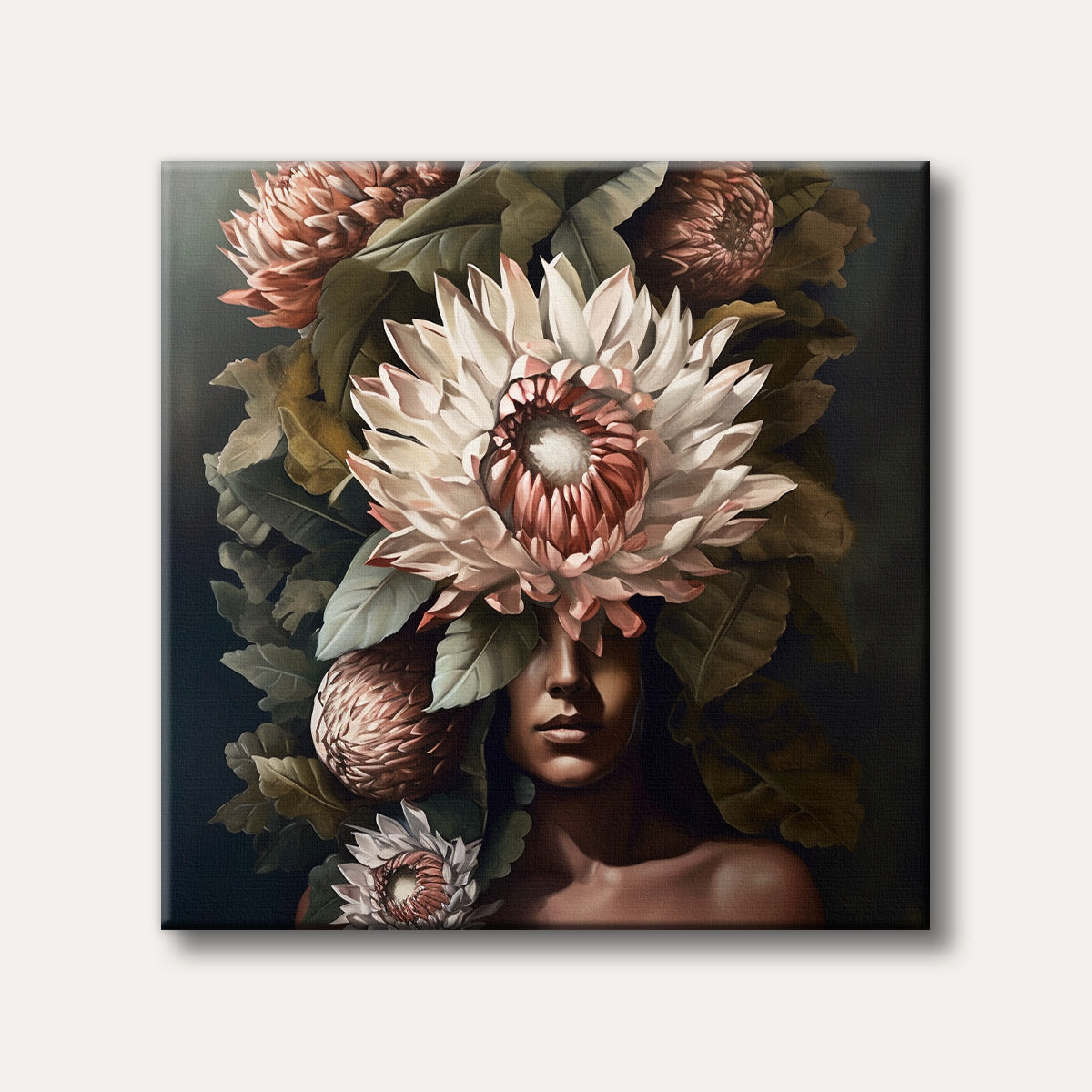A dark, elegant portrait painting featuring a woman's face largely framed and overshadowed by large, detailed cream and blush pink protea-like flowers and deep green foliage, rendered in a realistic style.