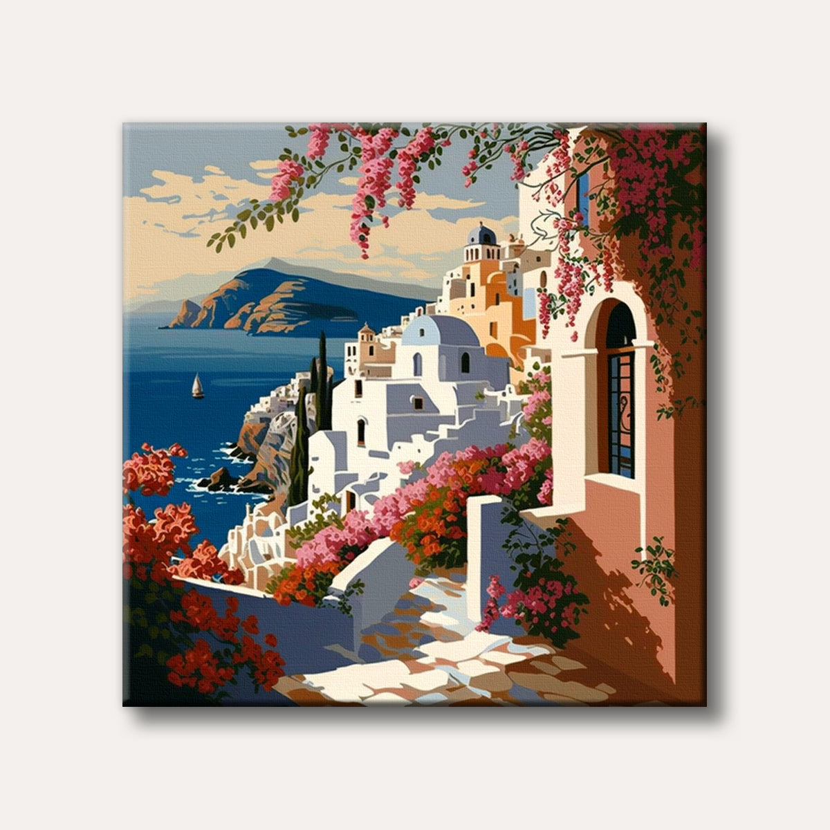A vibrant painting of a picturesque Greek village with white houses, blue domes, and lush pink and red bougainvillea flowers overlooking the turquoise sea and distant mountains, rendered in a colourful, illustrative style.