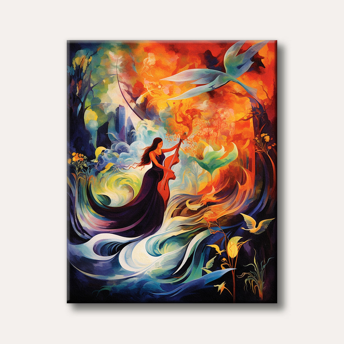 A vibrant, fantastical abstract painting of a woman playing a cello in a swirling landscape of fiery oranges, reds, and cool blues, with ethereal birds and architectural hints.