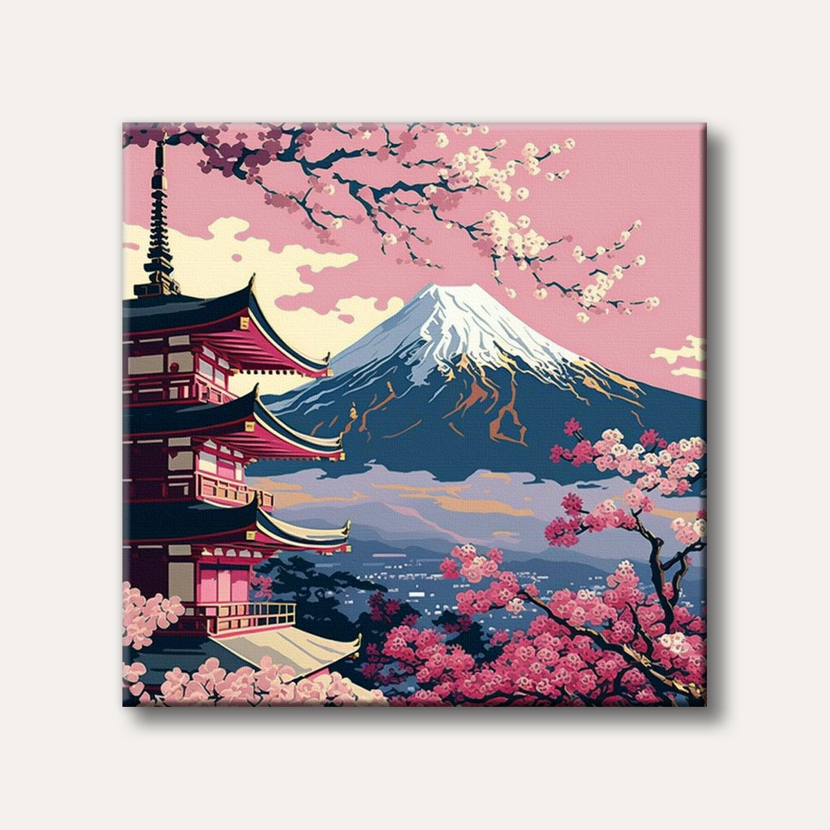 A vibrant, stylized painting of a Japanese pagoda and Mount Fuji, enveloped by pink cherry blossoms under a soft pink and purple sky, evoking a serene cultural landscape.