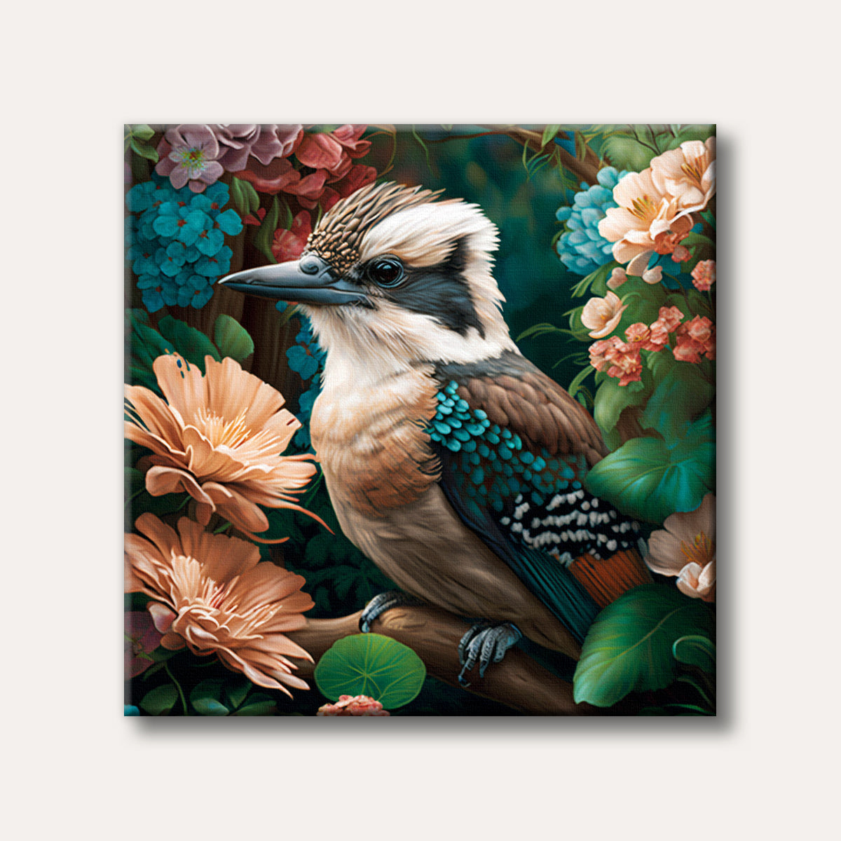 A realistic painting of a kookaburra with brown, white, and teal plumage, perched on a branch amidst vibrant orange, pink, and blue tropical flowers in a lush, dark green setting.