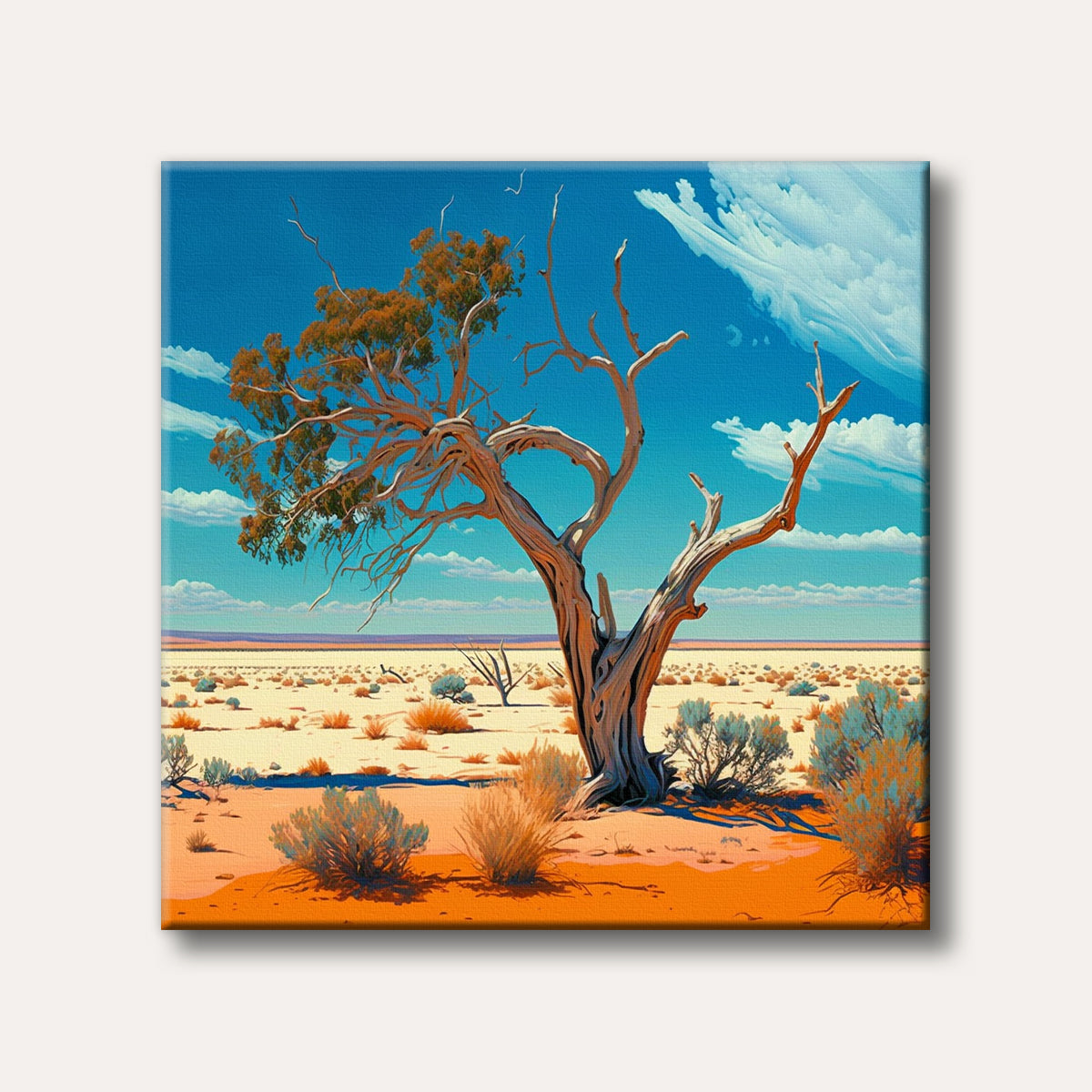 A vibrant, stylized painting of a gnarled desert tree standing prominently in an arid landscape under a brilliant blue sky with dramatic clouds.