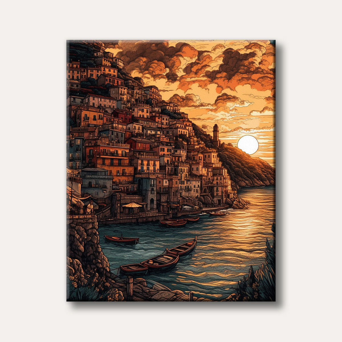 A stylized painting of a picturesque coastal village on a cliff, featuring colourful buildings, boats on the water, and a vibrant orange sunset sky with dramatic clouds.