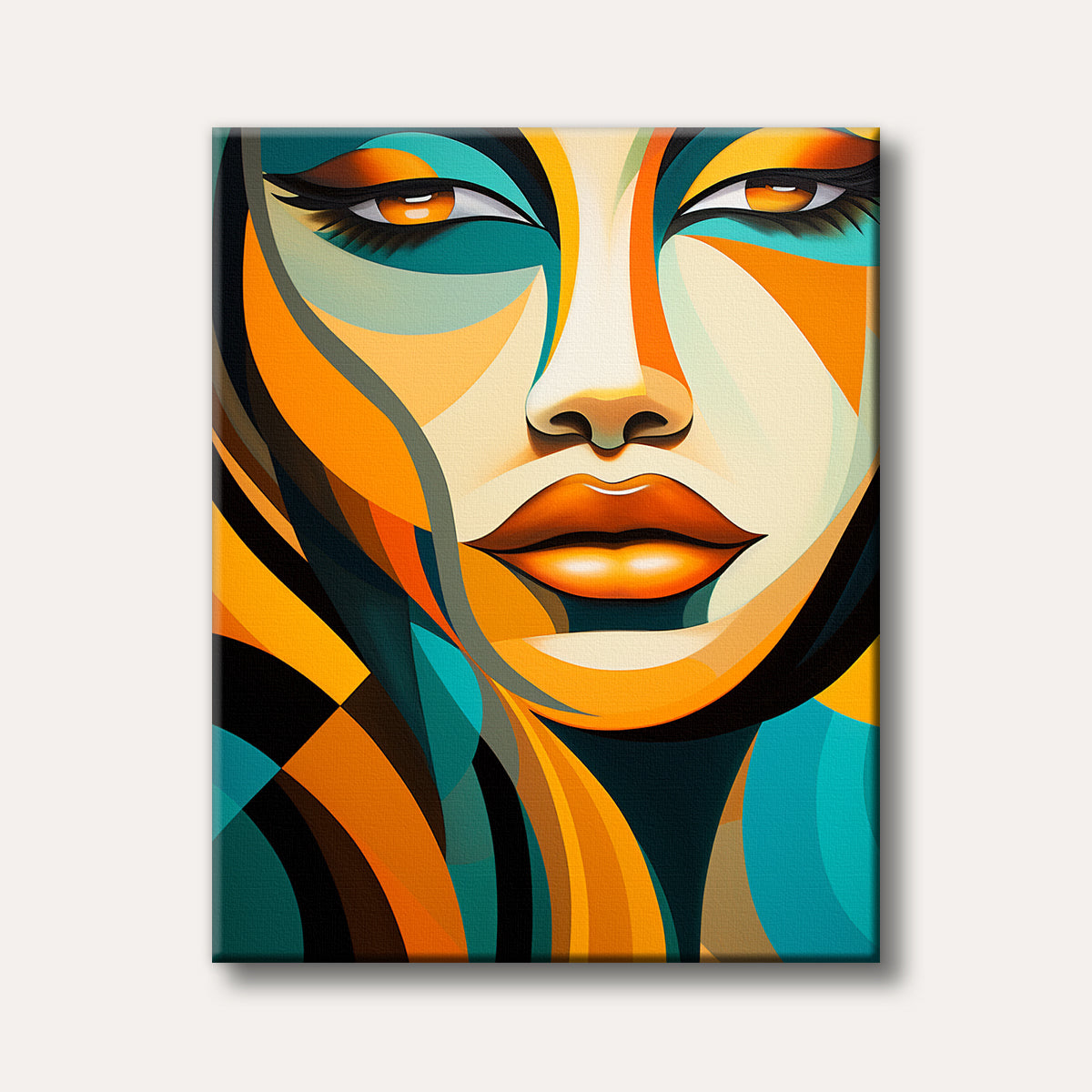 A close-up, abstract portrait of a woman's face, rendered in a striking modern style with bold geometric shapes and vibrant orange, teal, and yellow colours.