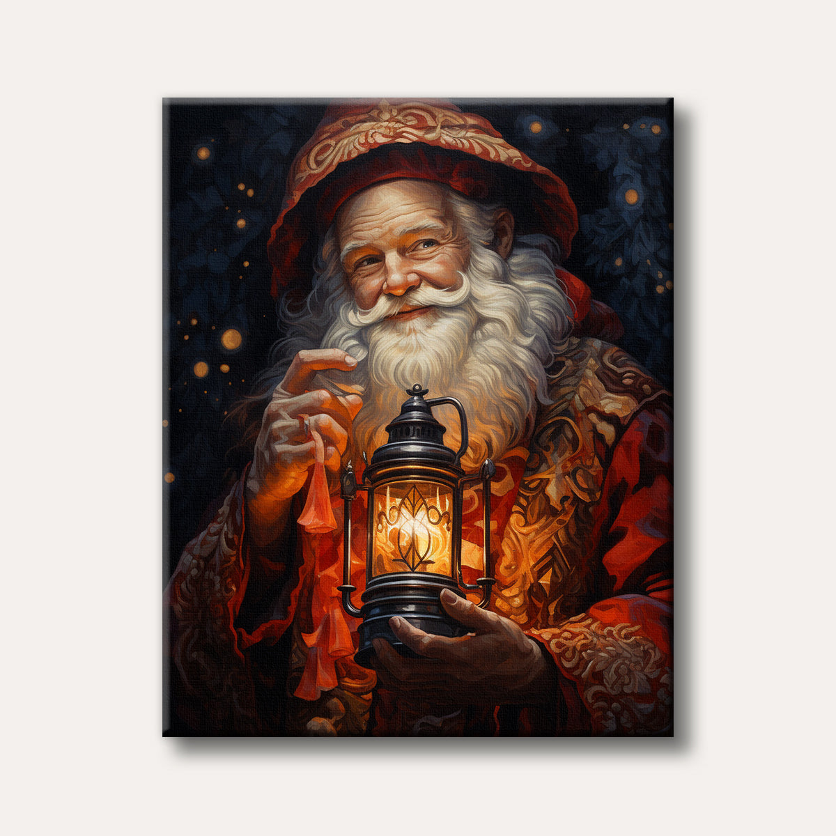 A warm and inviting realistic painting of Santa Claus with a long white beard, wearing a detailed red and gold robe, holding a glowing antique lantern against a dark background with soft bokeh lights.