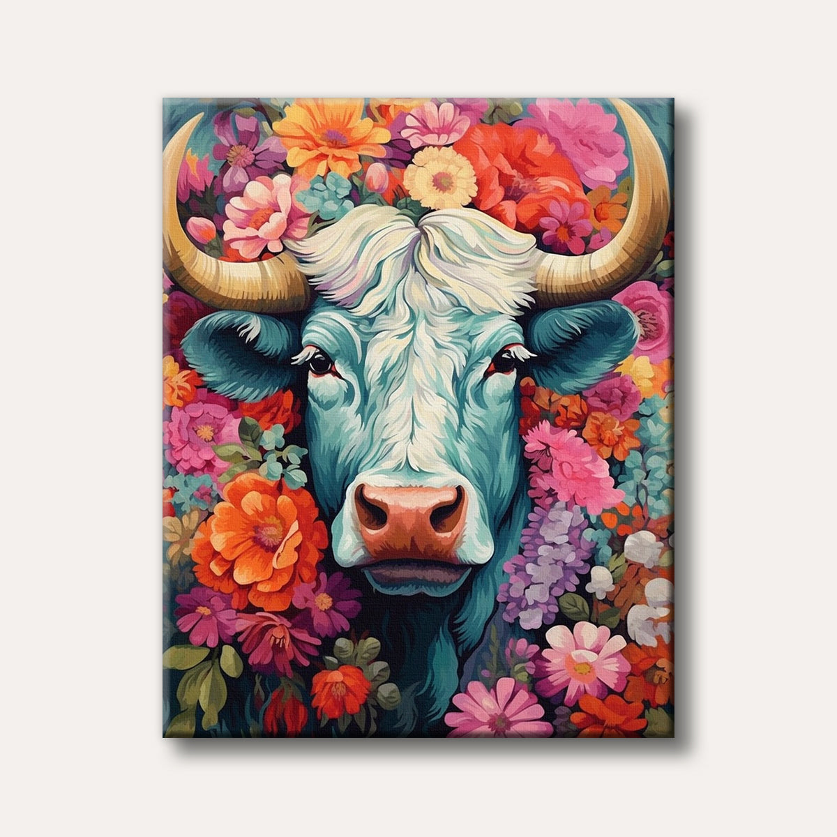 A vibrant and stylized painting of a white-haired, blue-hued bull's face surrounded by a dense, colourful array of pink, orange, purple, and red flowers, depicted in a cheerful pop art style.