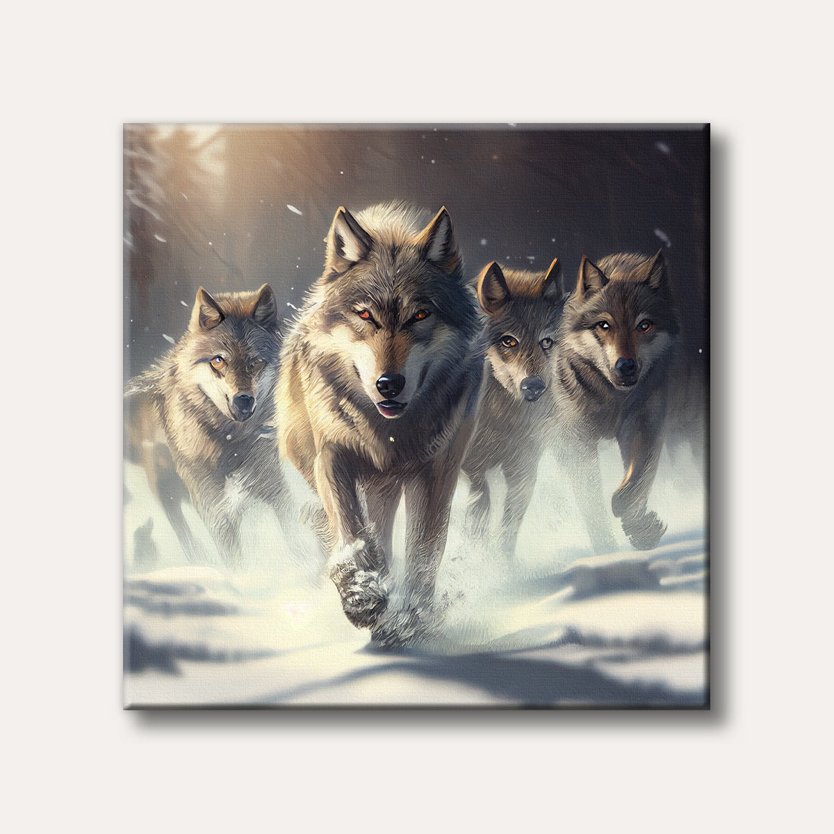 A majestic pack of wolves with glowing eyes charges through a snowy forest, rendered in a realistic, dramatic style.