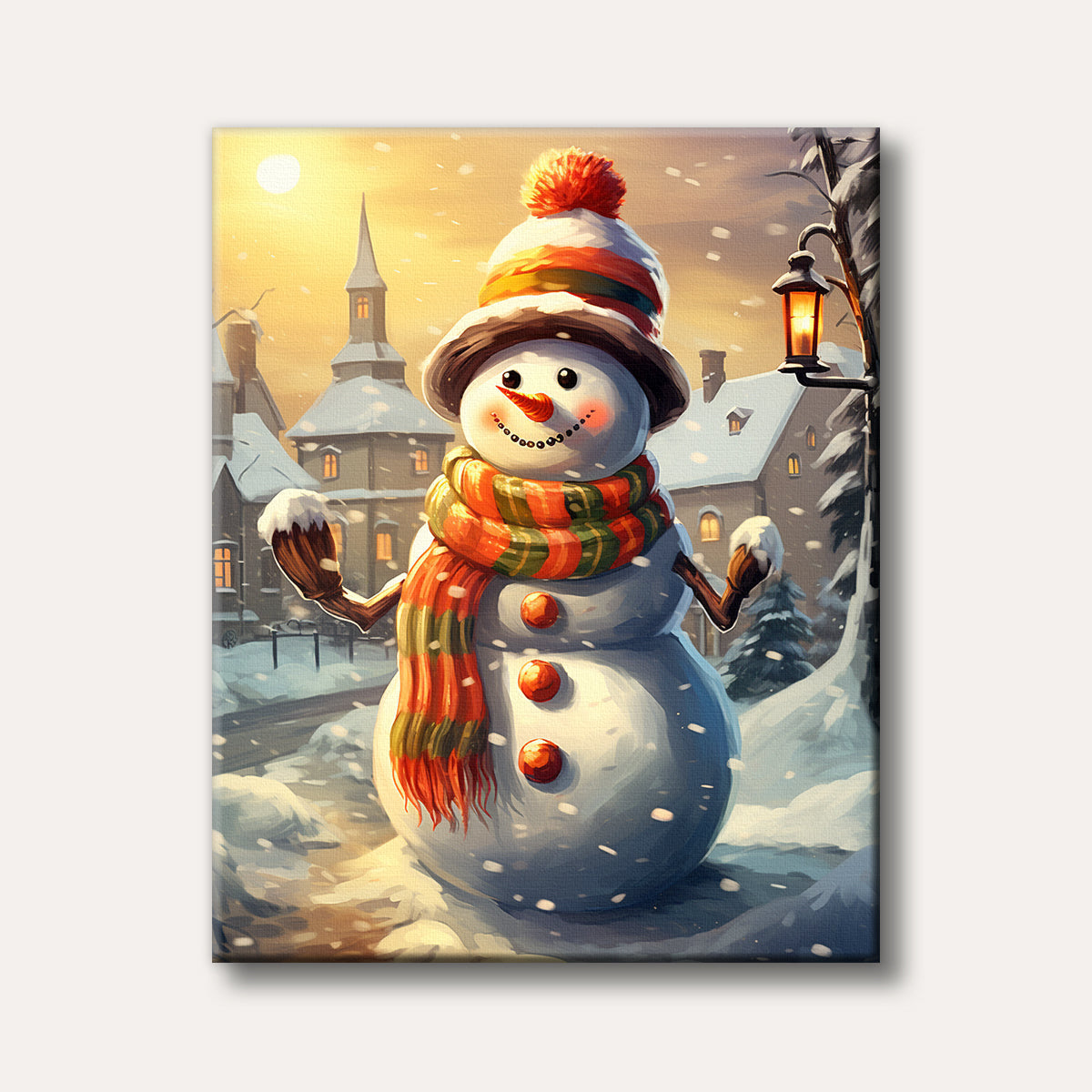 A cheerful snowman wearing an orange and green striped hat and scarf stands in a snowy village under a warm golden sky, depicted in a bright and inviting illustrative style.