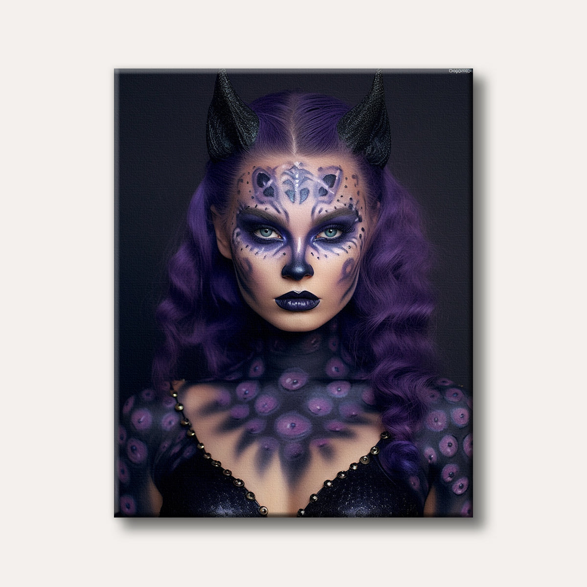A striking portrait of a mystical figure with dark horns, elaborate purple and black body paint resembling scales, vibrant purple hair, and piercing blue eyes, depicted in a detailed, slightly dark fantasy style.