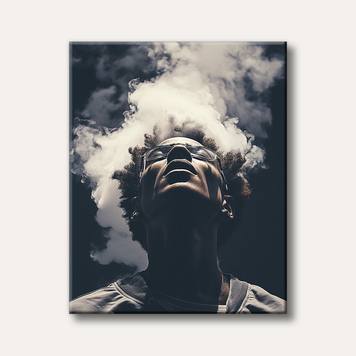 A dramatic low-angle portrait of a person with glasses looking up, exhaling a large cloud of white smoke against a dark background, depicted in a high-contrast, modern style.