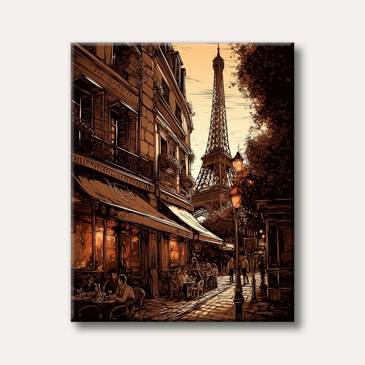 An illustrative painting in sepia tones depicts a bustling Parisian street with an outdoor cafe and the Eiffel Tower looming in the background, conveying a charming evening mood.