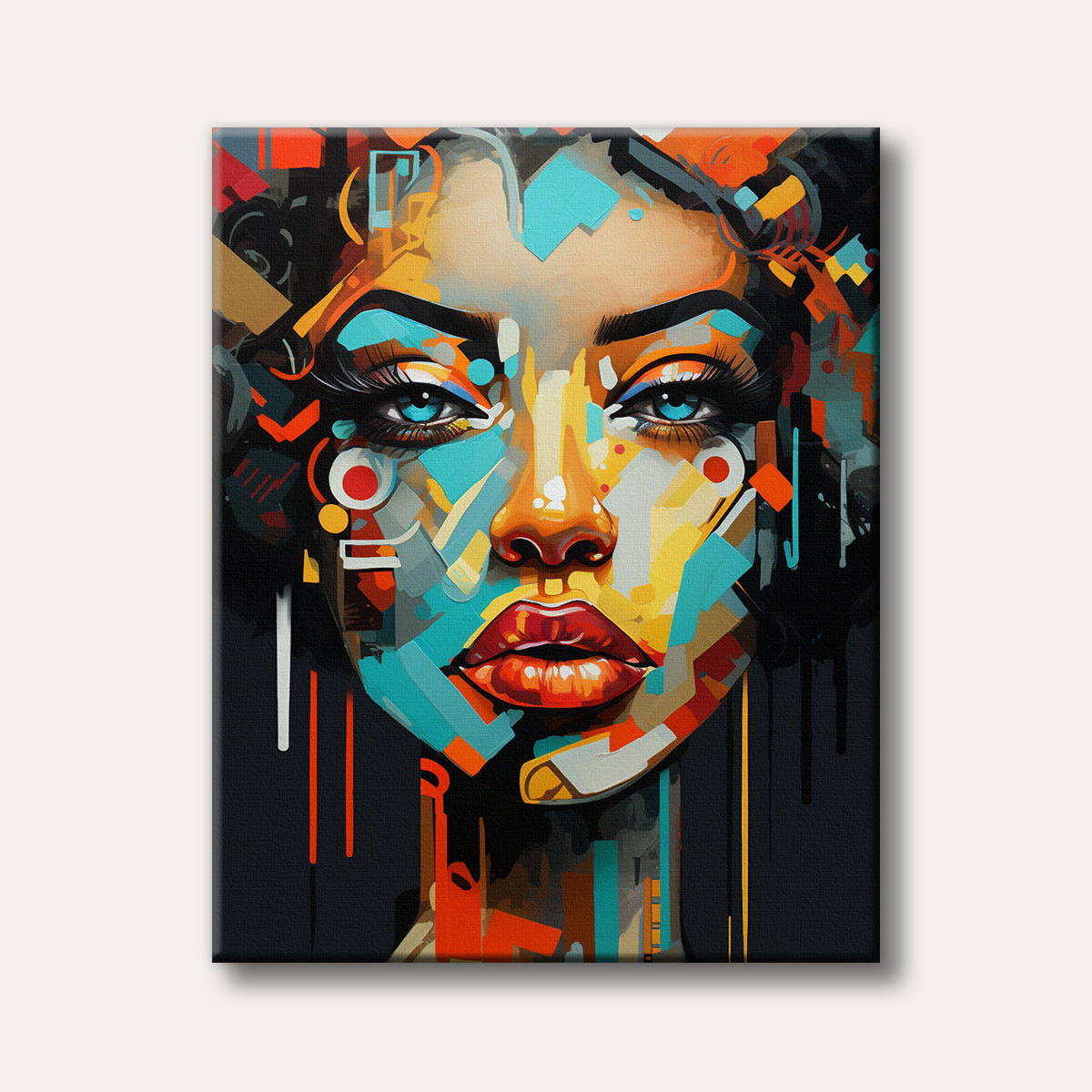 A vibrant and abstract pop art portrait of a woman's face, featuring bold geometric shapes and bright colours like orange, teal, and yellow against a dark background.