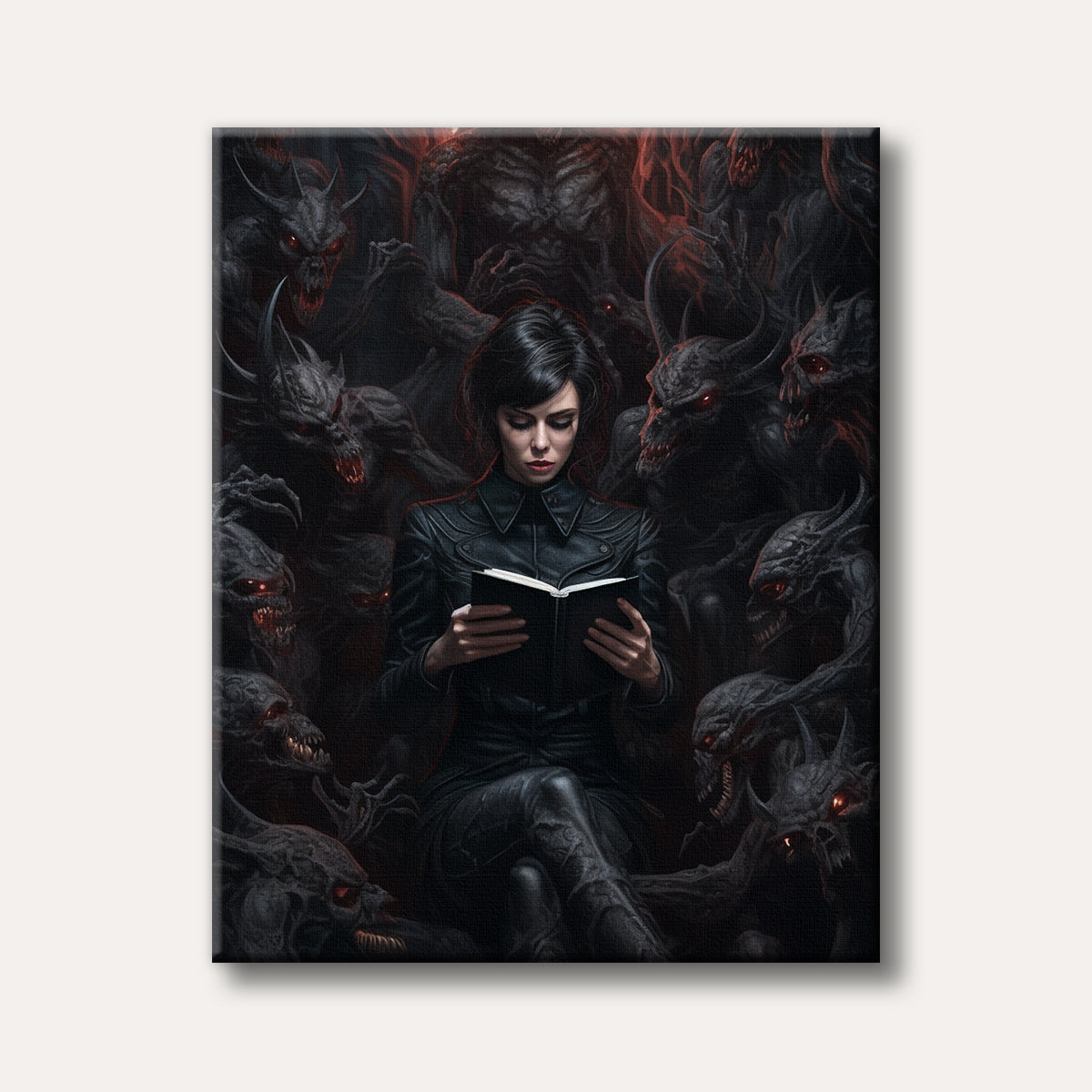 A dark fantasy illustration showing a calm woman reading a book amidst a horde of grotesque, shadowy demons with glowing red eyes, set in a mysterious, foreboding style.