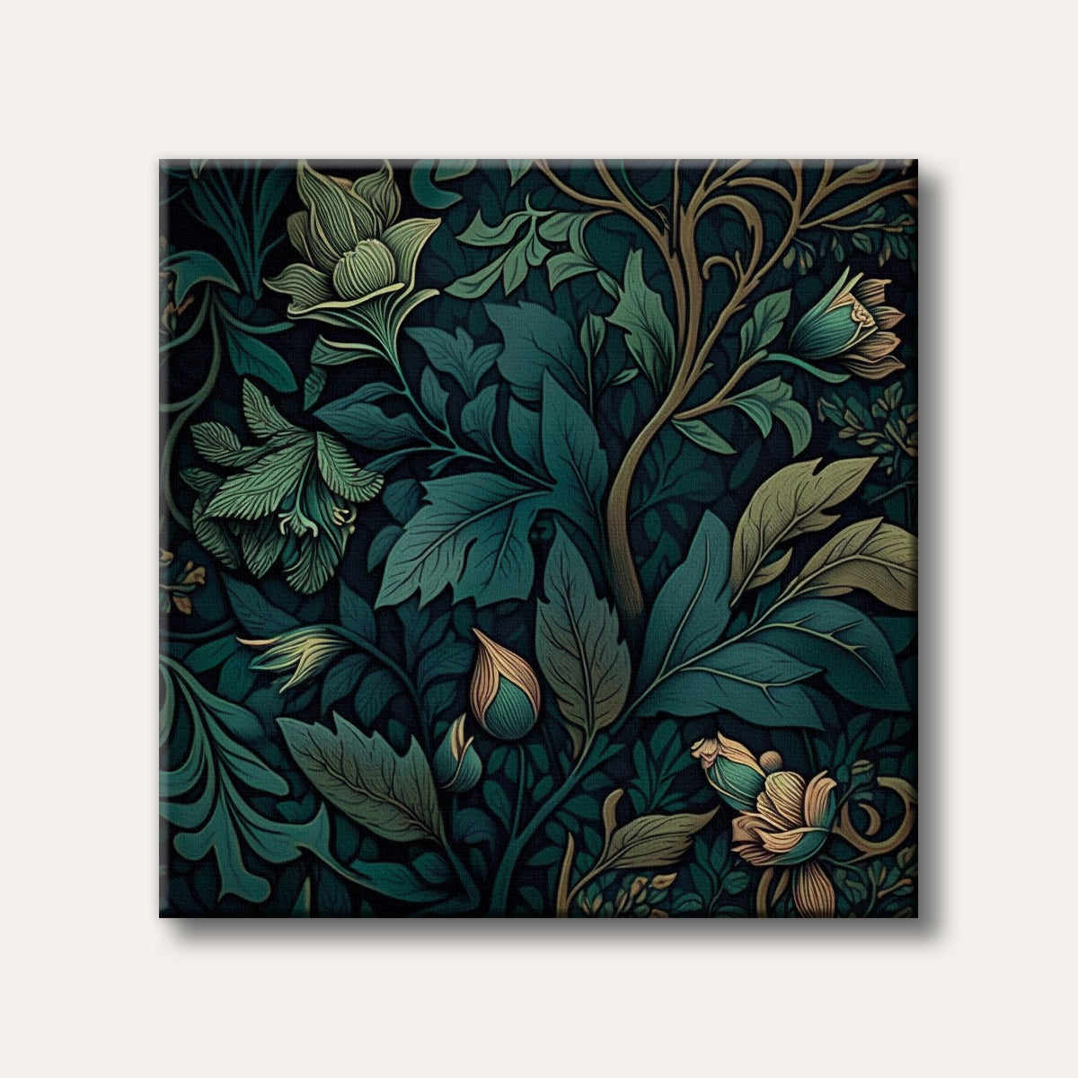 An intricate botanical pattern painting featuring lush green and teal leaves, winding vines, and floral elements in an elegant, classic style.