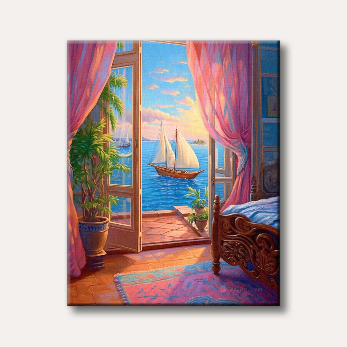 A vibrant painting of an inviting bedroom with open doors looking out onto a tranquil ocean scene featuring a white-sailed boat under a beautiful sky.